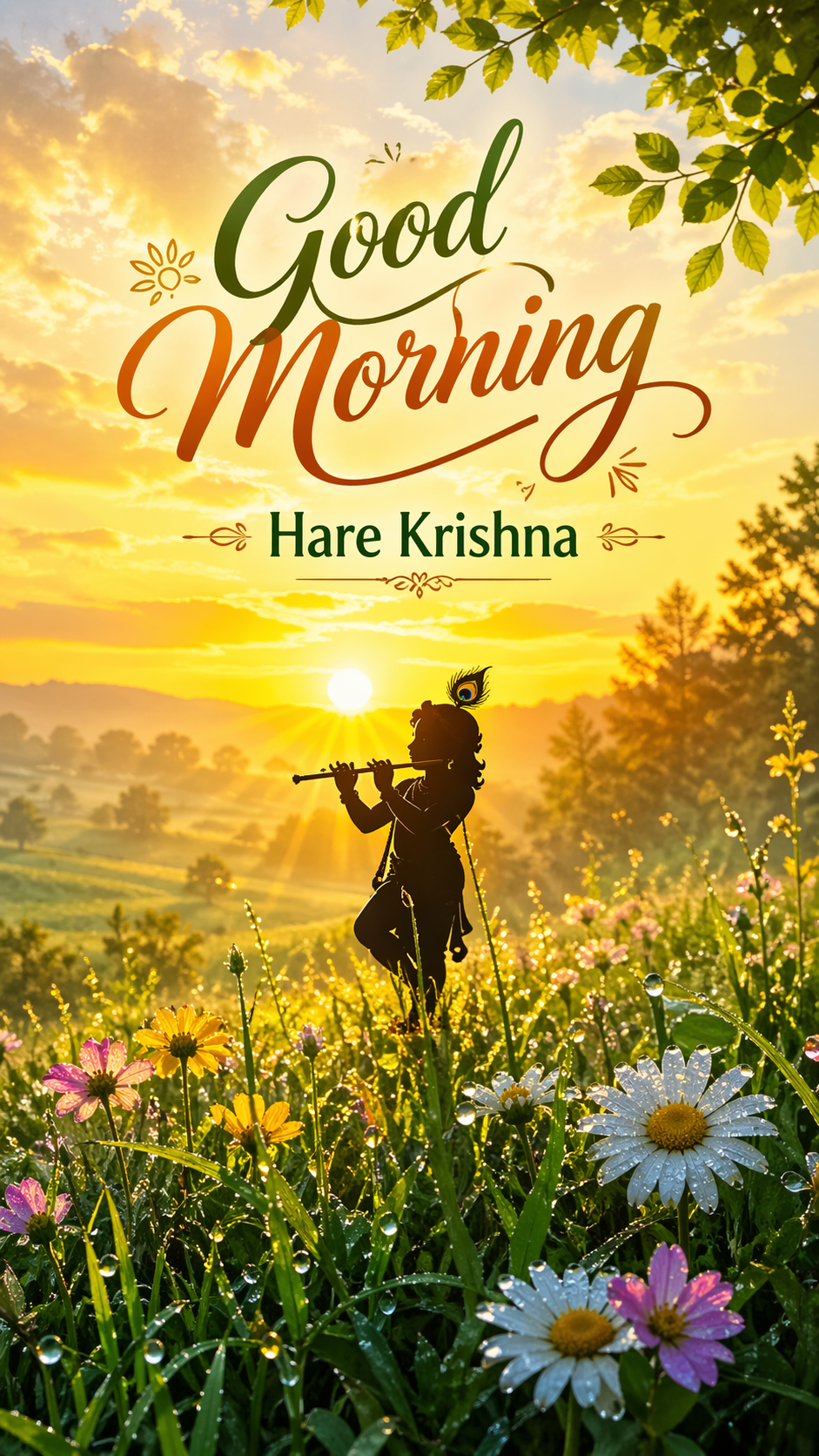 Good morning image Lord Krishna silhouette playing flute flower meadow sunrise Hare Krishna